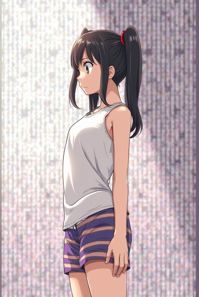 Highres, Masterpiece, Best quality at best,Best Quality,hight quality, hight detailed, Anime screencap style, 1boy, Shota, Little boy, Solo, Tying his hair, tank top, sleeveless hoodie, Seen from the side, look at viewer, (very young boy), (very small and short body), 12-year-old boys, (Showing armpit:1.3), hansome boy, Uhd, 4k, wallpaper