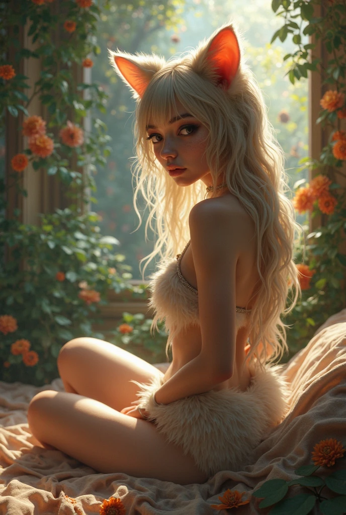 A fox girl lying on the bed