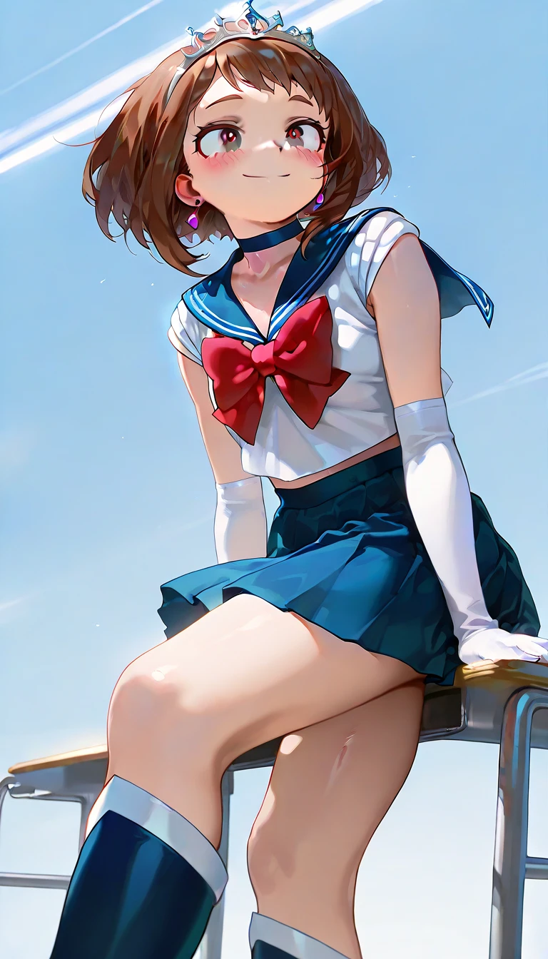 masterpiece, top-quality, hight resolution, 8K, Hi-Res, ultra-detailliert, 1girl in, (Anatomically correct), (Full limbs), (Precise fingertips), Slender 18 year old beautiful active girl, Brown-eyed, Slender eyes, A dark-haired, extra very short hair, (Black skin:1.3), ((Sailor Moon: 1.3)), (white leotard), (Blue sailor color), (Over-the-knee boots:1.1), a choker, (white glove), Blue choker, (elbowgloves), (a blue skirt), sole, flexible, (Standing on one leg:1.2), (standing split:1.3), muscular, Hand lifting one leg, ((Gymnastics competition venue:1.3)), A smile, High school students, Full body like, Bust 86, Waist 58, Hip 88, (Mass sweat), (Tempered body, Toned body, Split abs:1.1)