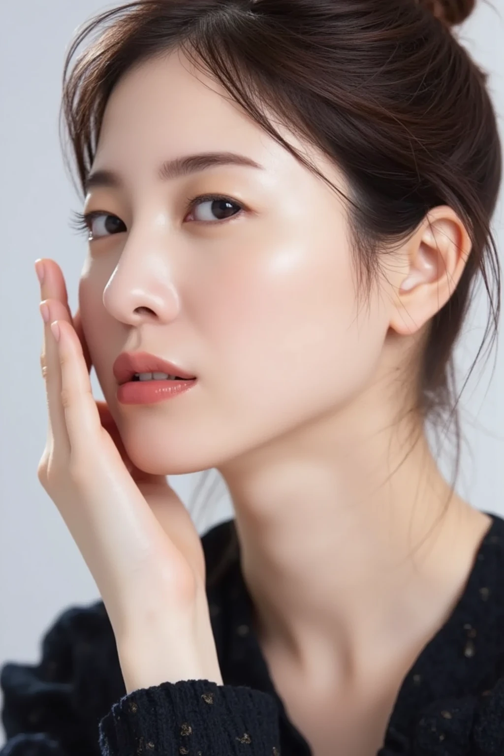 ((masterpiece, top quality, high definition)), 1 girl, (photorealistic: 1.4), solo, white background, snow-white background, mouth closed, happy smile, happy smile, pretty black hair, short hair, big eyes, clear double eyelids, eyelashes, ears out, long neck, long neck, absolute area, ((face close-up)), (drawing all head, shoulders), 19 years old, Attractive proportions, shiny skin, clean collarbone, golden ratio face, perfect face, teardrop mole, mole on chest, bangs, clean bangs, lip gloss, thin lips, pale skin, naked, big breasts, small face, small face, draw all head, draw all shoulders
