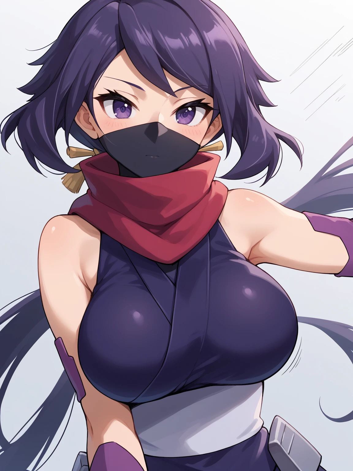 zPDXL2, 1girl, armpits, breasts, mask, solo, ninja mask, purple eyes, gloves, mouth mask, purple gloves, sweat, scarf, elbow gloves, japanese clothes, ninja, blush, looking at viewer, long hair, short kimono, kimono, arms up, red scarf, large breasts, black hair, sideboob, low ponytail, sash, white background, presenting armpit, shiny skin, sleeveless, upper body, very long hair, covered mouth, half-closed eyes, simple background, ponytail, obi, sleeveless kimono