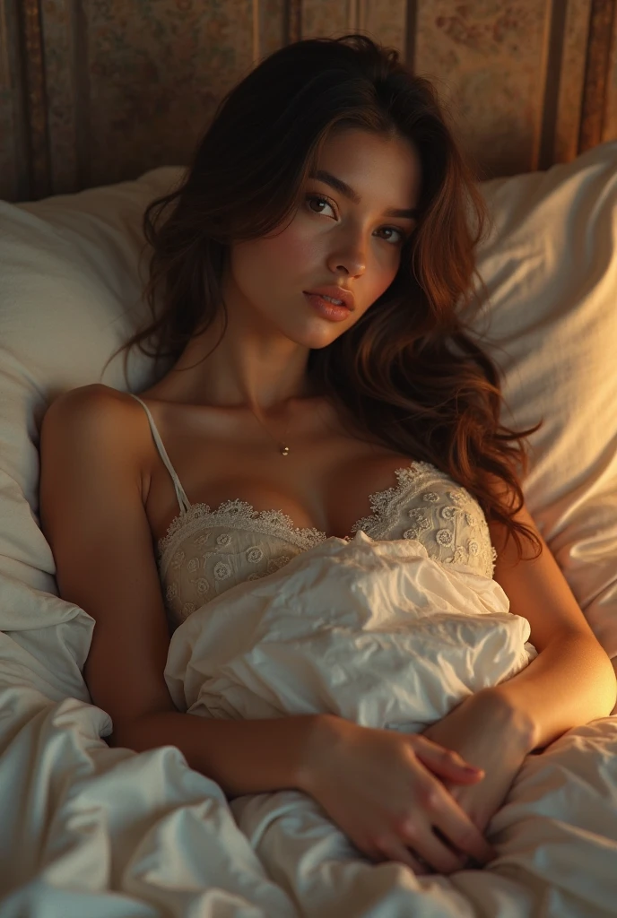 Sensual model in underwear resting on soft bed