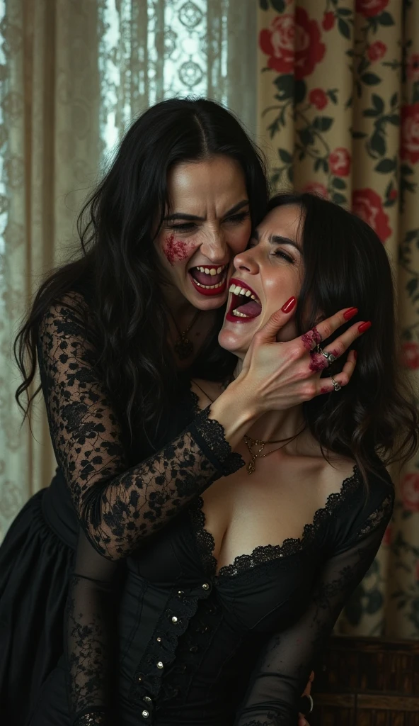 master part, extremely high quality, HD 8K, 1 menina sexy, atmosfera assustadora, lo gothic, boca aberta, dentes de vampiro, Olhos vermelhos
，(Obra-prima premiada , best quality:1. 2) , Christian Vampiro Zumbi, rosto detalhado , olhos cinzentos, cinemactic , Gloomy Illumination, aesthetics of horror, ambiente altamente detalhado, 16k, UHD, HDR, (master part:1. 5), (best quality:1. 5)