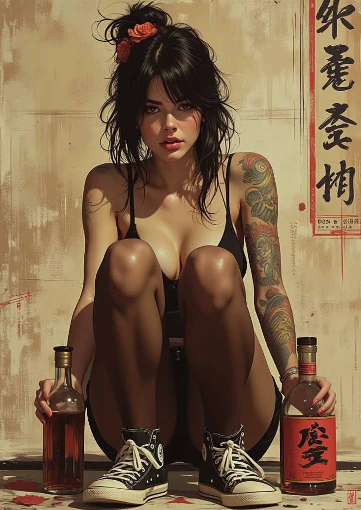 HD quality, woman with a tattoo on her arm, cyberpunk beautiful naked girl, beautiful cyberpunk girl face, dreamy naked cyberpunk girl, cyberpunk art ultrarealistic 8k, cyberpunk 2 0 y. o model naked girl, beautiful naked cyberpunk woman model, sitting on top of a trashcan, leaning back, spreading legs, showing her big hairy wet pussy, Drinking can of soda, 4k highly detailed digital art, beautiful digital artwork, cyberpunk cyborg. roses, realistic digital art 4k, Cyberpunk city street