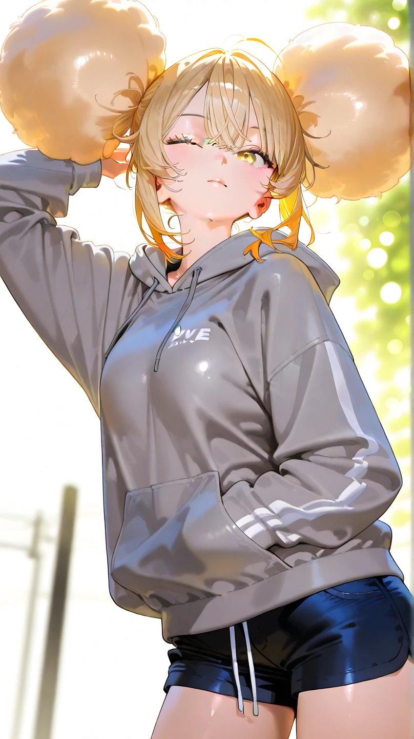 best quality, masterpiece, small breasts, smile, sweatshirt, leggings, outdoors, anime style, grass field, daytime, blue sky, blue eyes, detailed eyes, medium hair, blonde hair, loose hair, bangs, ass, open legs,