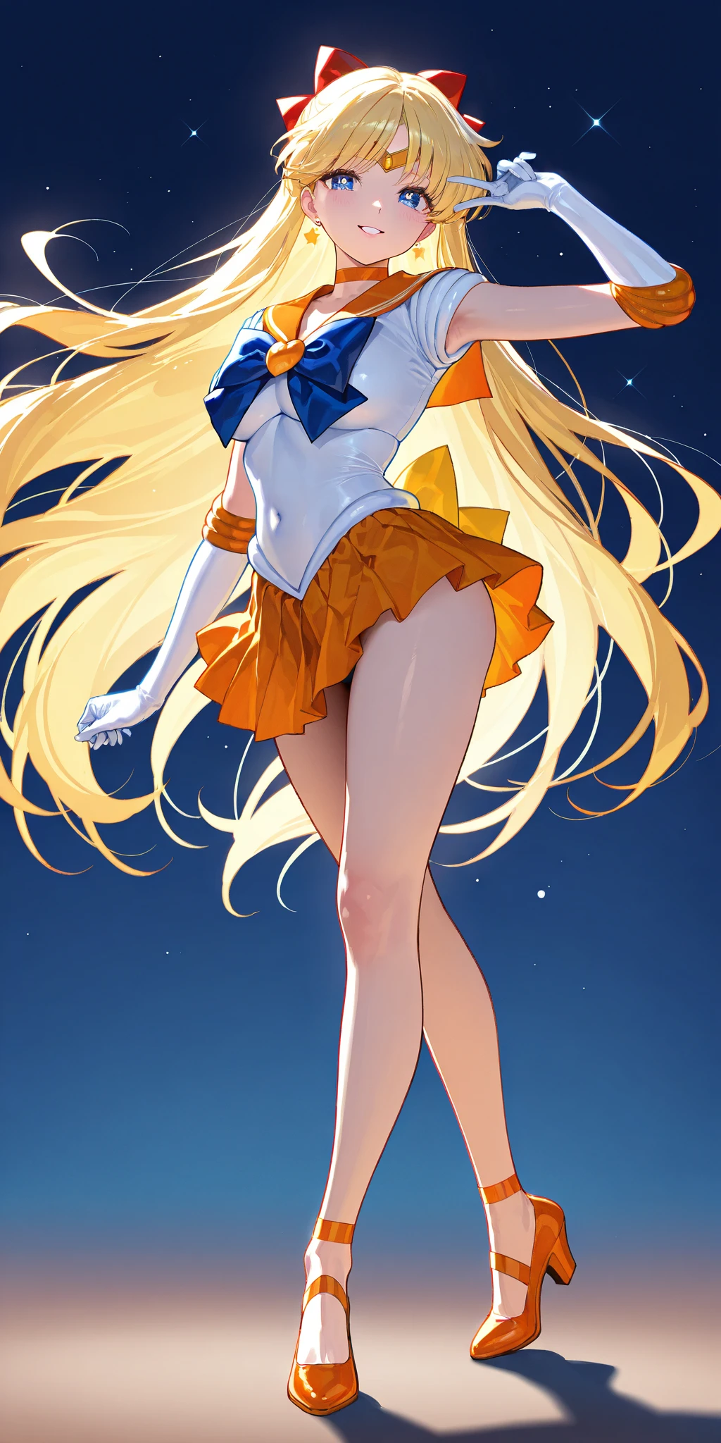 1boy and 1girl, Angle from the front, Angle from below:1.8, (Moonlit night)、(On the roof of a building)、thighs、(shiny White skin:1.6)、blue eyes, ((Slim figure)), (12 years old girl), (evil grin), (Shiny blonde hair)、Long hair, (forehead), Blue ribbon on chest, Big red ribbon, ((Sailor Venus))、Sailor suit、Orange pleated mini skirt、touching penis, ((kicking)), 1penis, under hair, scrotum、((eject cum)), (One leg raised)、((Amazon Position)), (The boy has his legs open)、