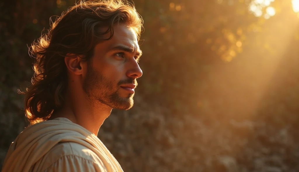 On a peaceful, tree-lined path at sunrise, the young Stoic philosopher walks calmly toward a brighter future. His bronzed skin shines softly in the morning light, and his wavy, well-groomed hair flows slightly with the gentle breeze. His classic tunic, slightly transparent, clings to his body as it slips off one shoulder, revealing a tantalizing glimpse of smooth skin and a well-defined collarbone, enticing the viewer’s curiosity. The path behind him is shadowed, representing the past he is leaving behind, while the path ahead is illuminated with warm, golden light. The 8K, photorealistic quality image captures the serene atmosphere, the delicate play of light and shadow, and the philosopher's composed, yet subtly alluring, expression, symbolizing his journey toward balance and renewal.