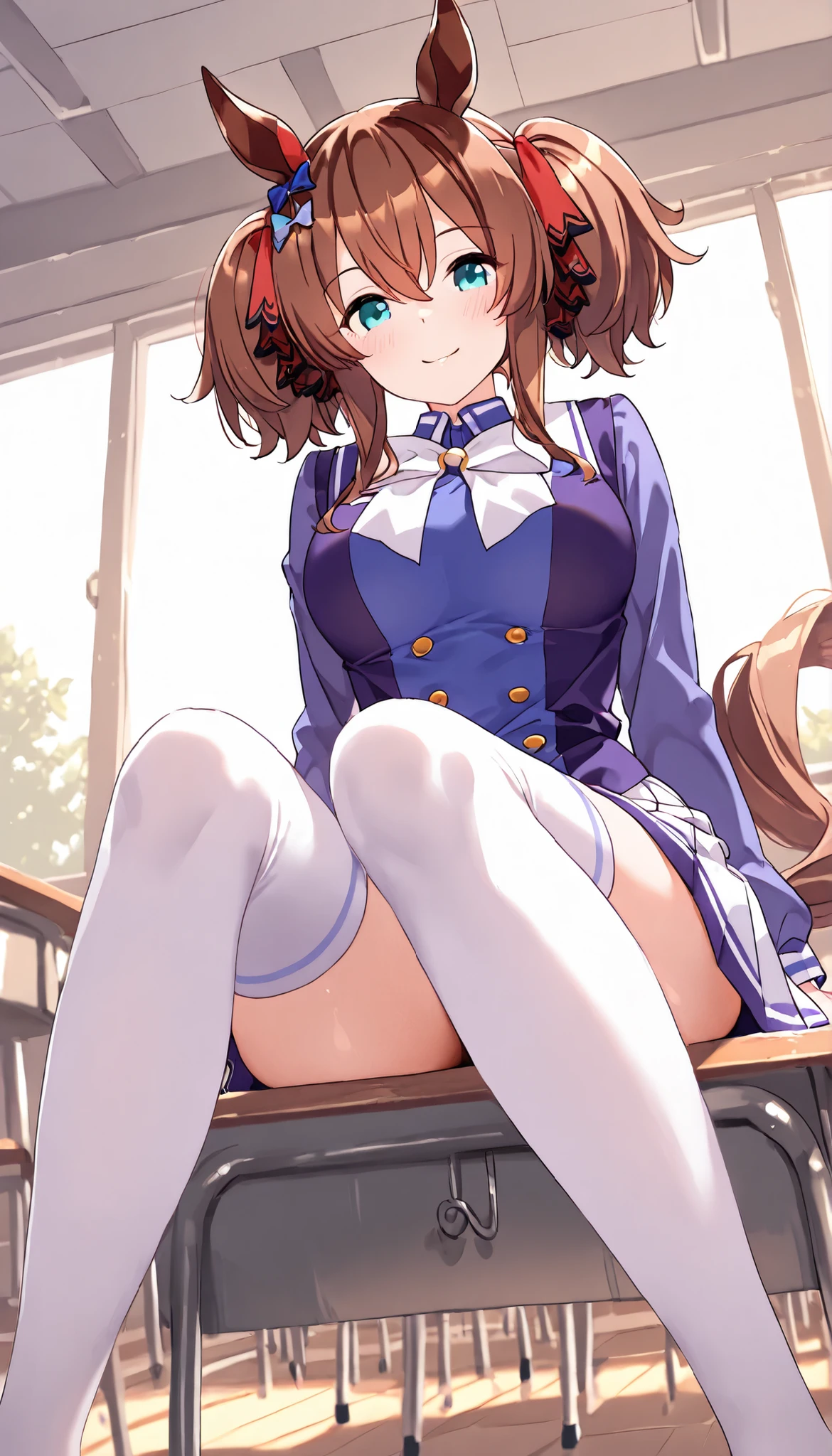 Bold Tact \(Uma Musume in Uniform\), 1 school girl with pigtails、Miniskirt、 open legs CLASSROOM white thighs+++ very short skirt The uniform of Torresun Academy