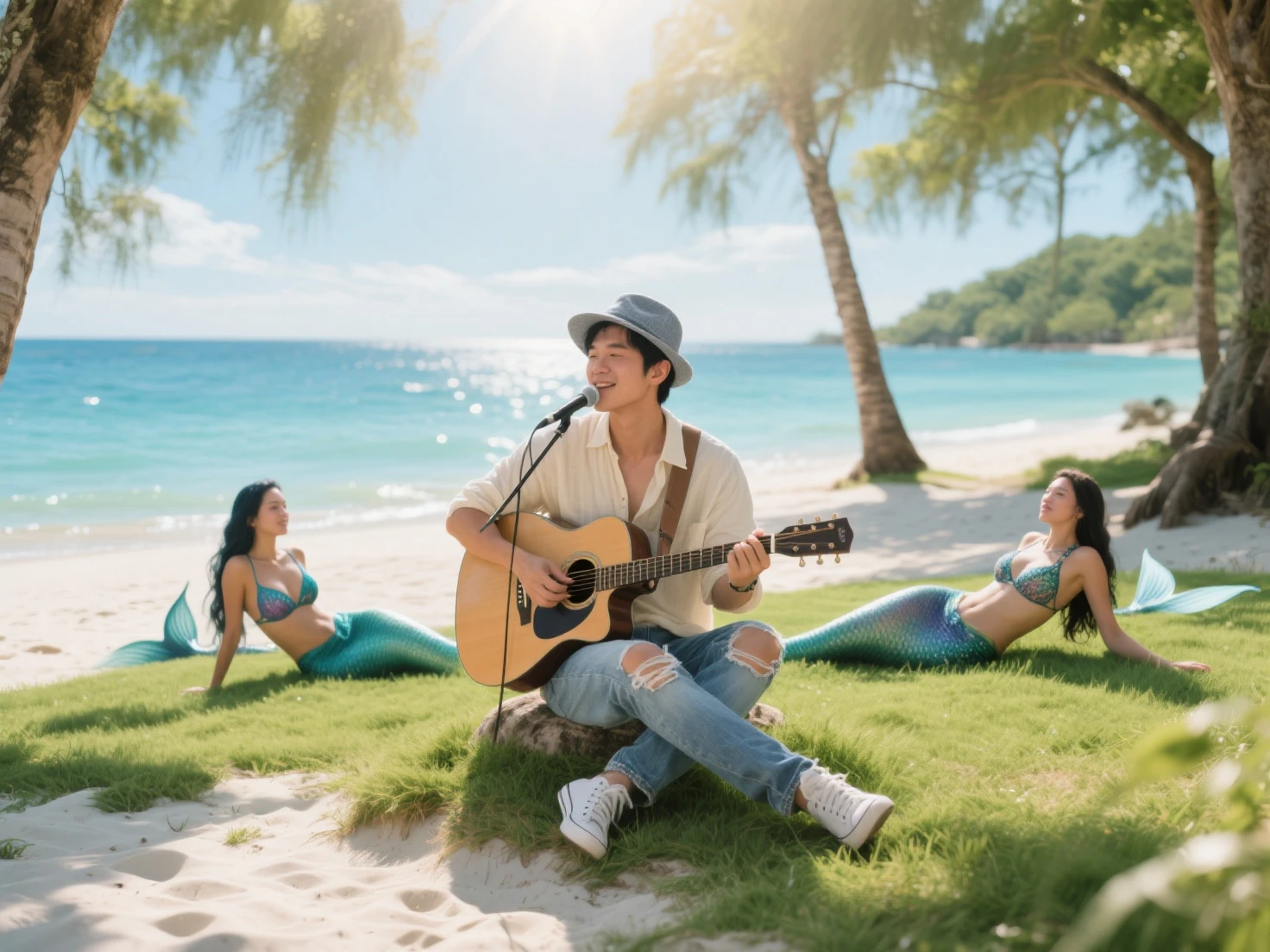 A handsome Korean man is shirtless, His body is thin and looks like a bone skeleton, wearing jeans shorts, playing the guitar, beautiful white sandy beach landscape 