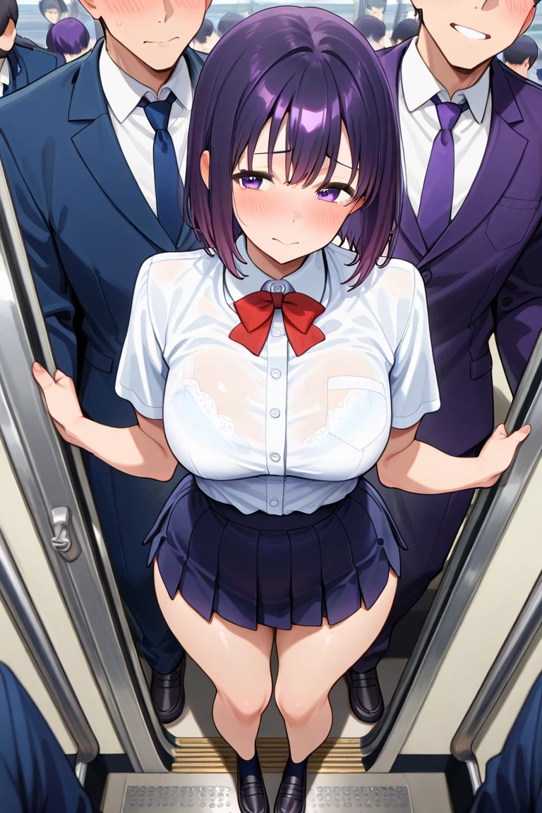 A middle-aged man is making a girl with erect nipples, black short bob hair, small breasts and light pubic hair, who is crying and unwilling on a train, with no underwear and a blue checked skirt, spread her legs and insert her fingers into her vagina.