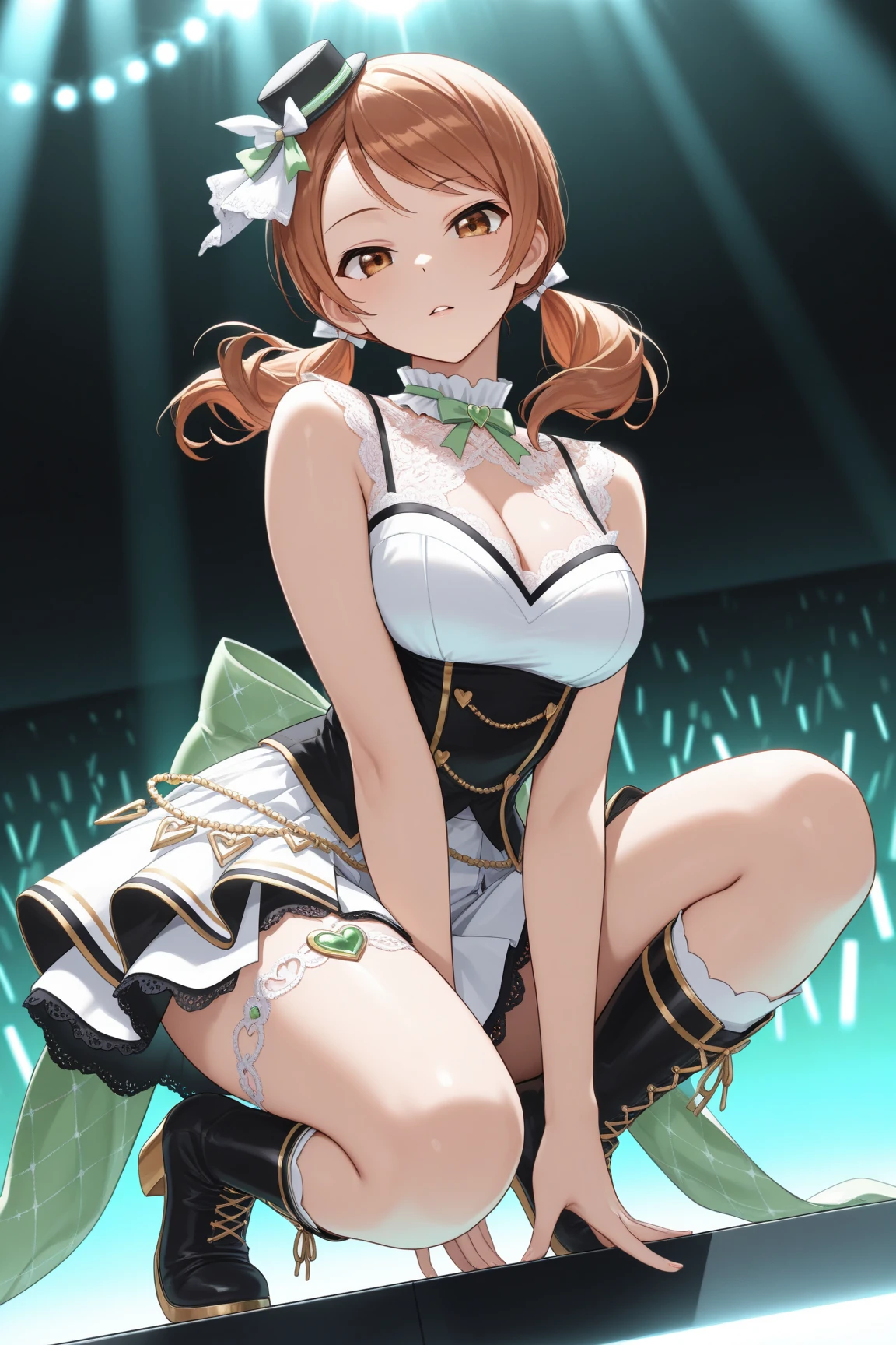 1girl, breasts, looking at viewer, blush, smile, short hair, bangs, blonde hair, simple background, hair ornament, thighhighs, white background, animal ears, cleavage, medium breasts, closed mouth, underwear, green eyes, standing, tail, full body, braid, boots, frills, cat ears, bra, high heels, cat tail, animal ear fluff, bare arms, clothing cutout, multiple views, thigh boots, cleavage cutout, white footwear, underwear only, light brown hair, knee boots, cat girl, short twintails, pom pom (clothes), high heel boots, white bra, paw pose, meme attire, frilled bra, cat cutout, cat lingerie, pom pom hair ornament