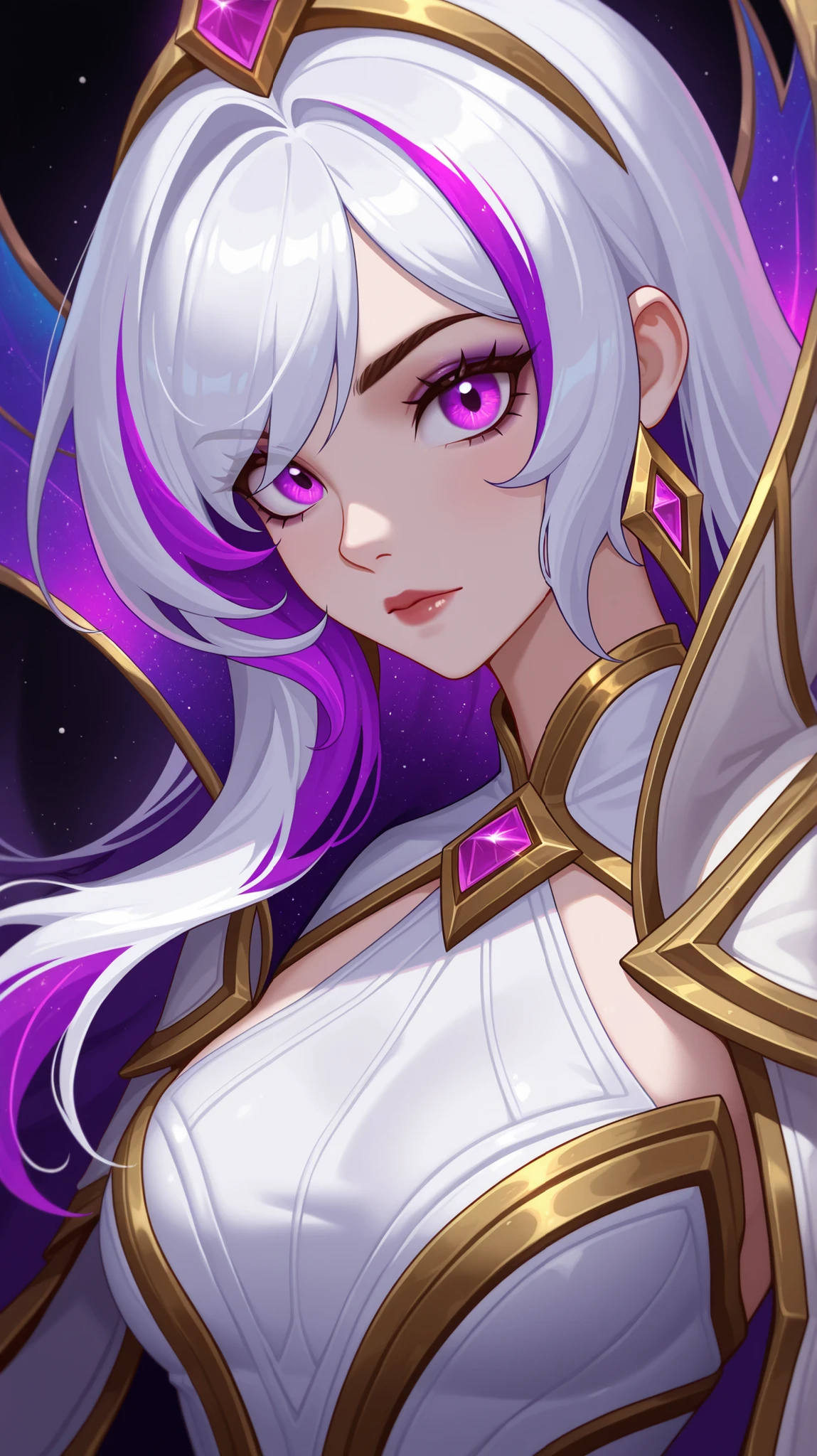 Long Hair, smile, Large Breasts, Headpiece, ribbon, Sparkle Effect, Purple eyes, 