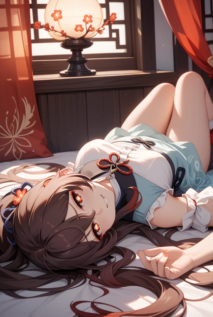Anime girl, black hair, camellia, cherry blossoms, ball, long hair, lying, bangs, blue eyes, falling petals, flower, looking at viewer