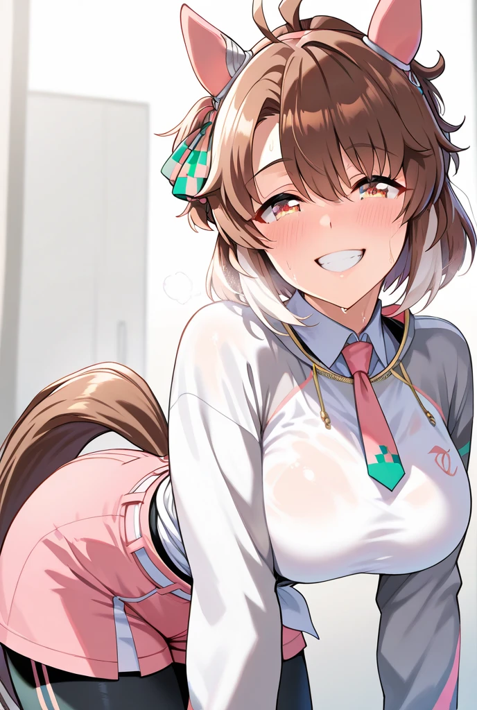 Highest quality,masterpiece, Highest Resolution, 1 girl,nsfw, full naked, kneeling, indoor, classroom, (huge breasts:1.5), lift up my breasts,pink nipple, smile, close up, horse ears, horse tail