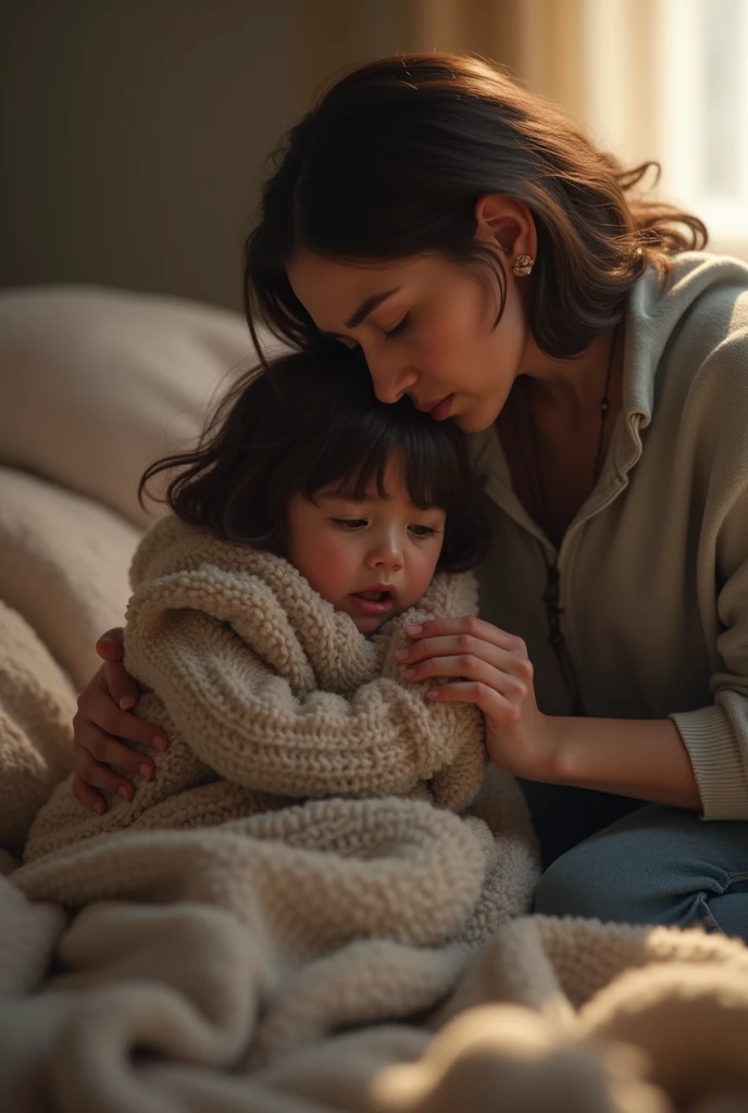 little boy dressed in a animal costume and is sitting on his mom's lap, 1littleboy, mom is seen wearing bedtime shorts, bedroom, night time, beautiful stars, blushed cheeks, brown hair, adorable, cute, wholesome, sleeping, one night lamp emitting light, soft lights, photo realistic, ultra detailed, 1mom, 1boy, 1child, 1kid, (best quality, masterpiece,)