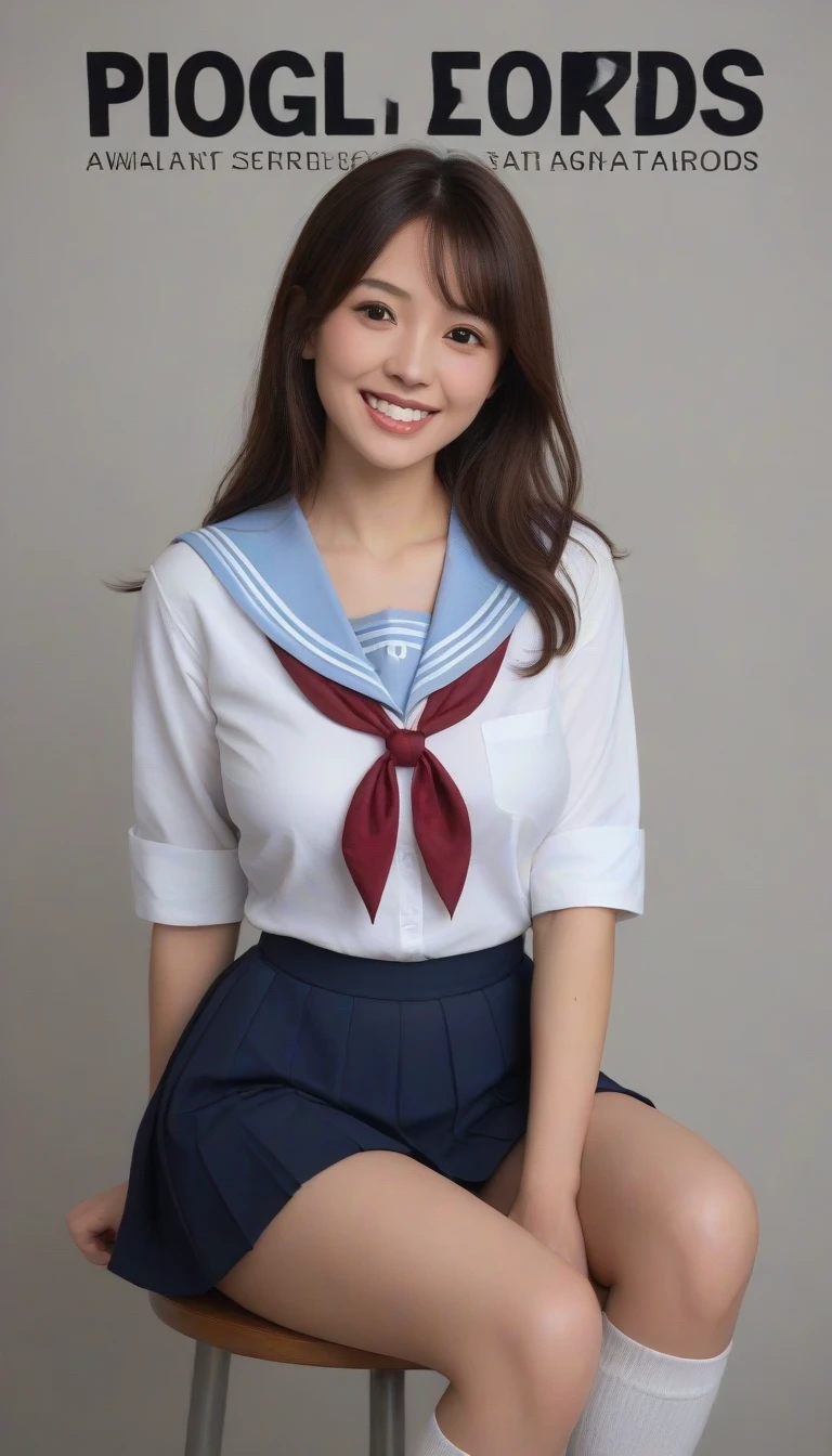 ((highest quality、8k、masterpiece:1.3)),((((cowboy shot)))),Ultra-high resolution,big eyes,Japanese,bangs,(a girl),(1 girl),((20 years old)),((facing at viewer)),(long hair),(((black sailor uniform))),grin,((sitting on chair)),(pleated mini skirt),(((pussy))),((pubic hair)),((skirt lift)),((short crew socks))