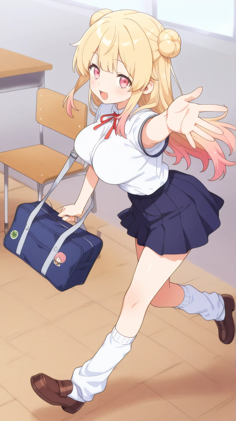 Masterpiece, best quality, official art, 8k wallpaper, very detailed, illustration, 1girl, grinning, blonde hair with blue highlights, wide hips, (huge breasts), sailor top, backpack, standing, (view from behind), bratty, inside train, bratty girl, teasing, (by asanagi), underboob, upskirt view, skirt, thong, (egg vibrator in pussy), ((vibrator)), (pussy juice), (vibrator cord), vibrator in thighhighs, remote control vibrator, vibrator under panties, sweat, blush,