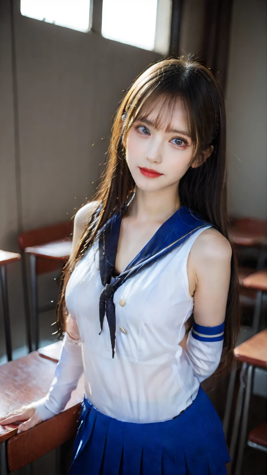 (See-through:1.3),white serafuku,sailor dress, White theme,School uniform, Sailor Suit, Looking at Viewer, Beautiful hair, Beautiful detailed eyes,Hair glows,Dramatic Angle,blue sailor collar, perky breast,lightsmile,Sexy Beauty