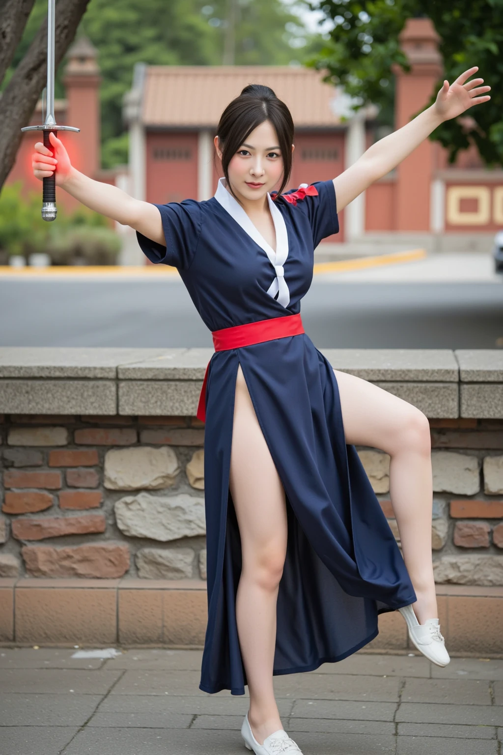 masterpiece、Highest quality、8K、((standing split:2)), standing, one leg up, Japanese girl、beautiful girl、Well-formed face、Beautiful Skin、Brown hair half-up、Beautiful eyes、Blue Chinese Dress、Black sneakers、In town、、Slim figure、Big Breasts、Natural Makeup