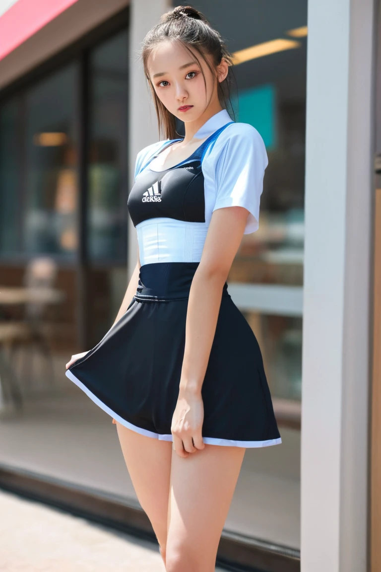 1 18-year-old girl in torn tank top and short ruffle skirt