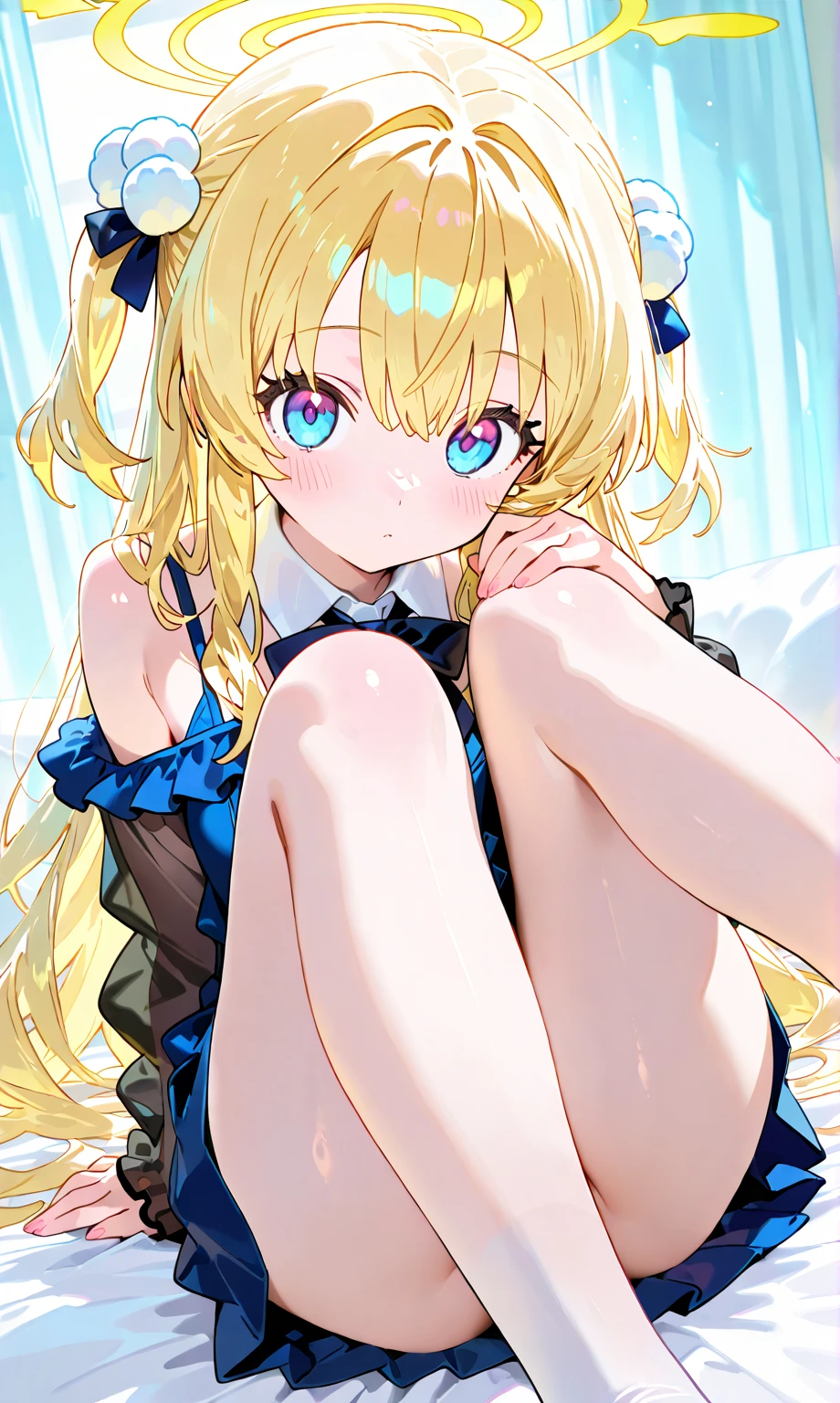 1girl, Solo, High Resolution, Long Hair, Breasts, Looking at viewer, Blush, Smile, Bangs, Blue eyes, Blonde Hair, blue pajama shirt, white panties, camel toe.