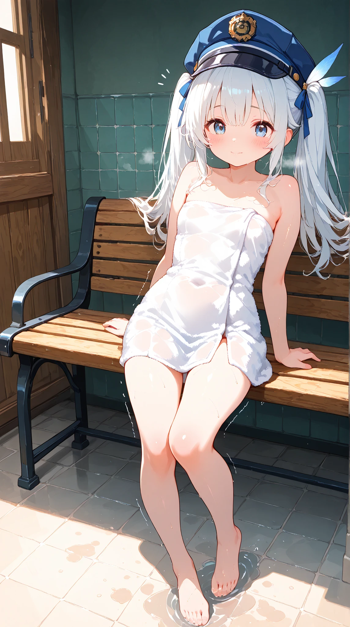 animesque、charming anime girls、beautiful alluring anime woman、Smooth Anime CG Art、独奏、1girl in、(Angle seen from below)、(((White leotard swimsuit)))、bare-legged、(((small tits)))、(((Sweat)))、slender、legs are thin、red blush、embarassed expression、(Leaking urine from the genital area)、Urine drips on the legs、(Standing)、(Spreading legs)、Braids、(to close range)、(((White background)))
