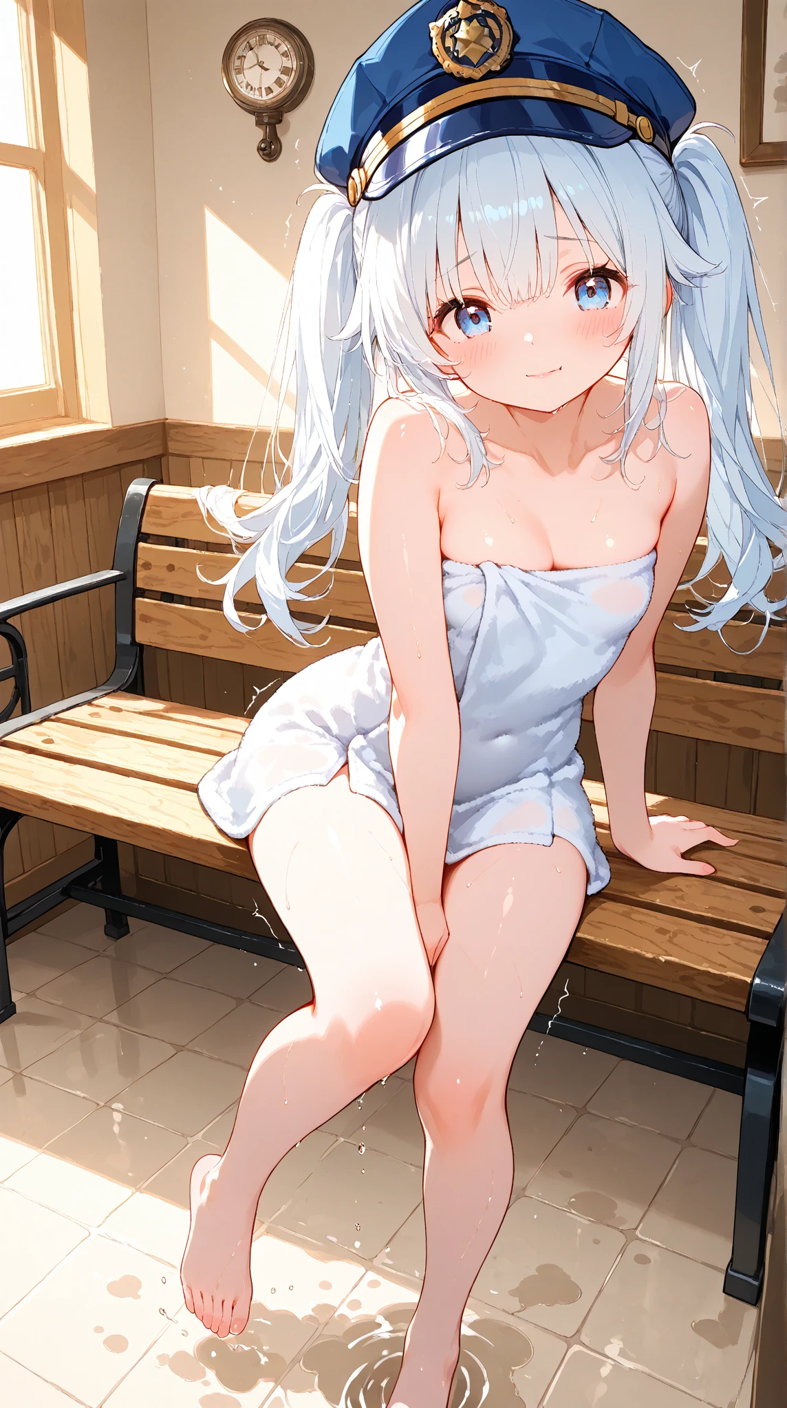 (blue eyes),Sweaty、Embarrassed,(Black long hair)、Seiun Sky,((hair over one eye)),(Black Tank Top),((Cross-legged))、(wet panties)