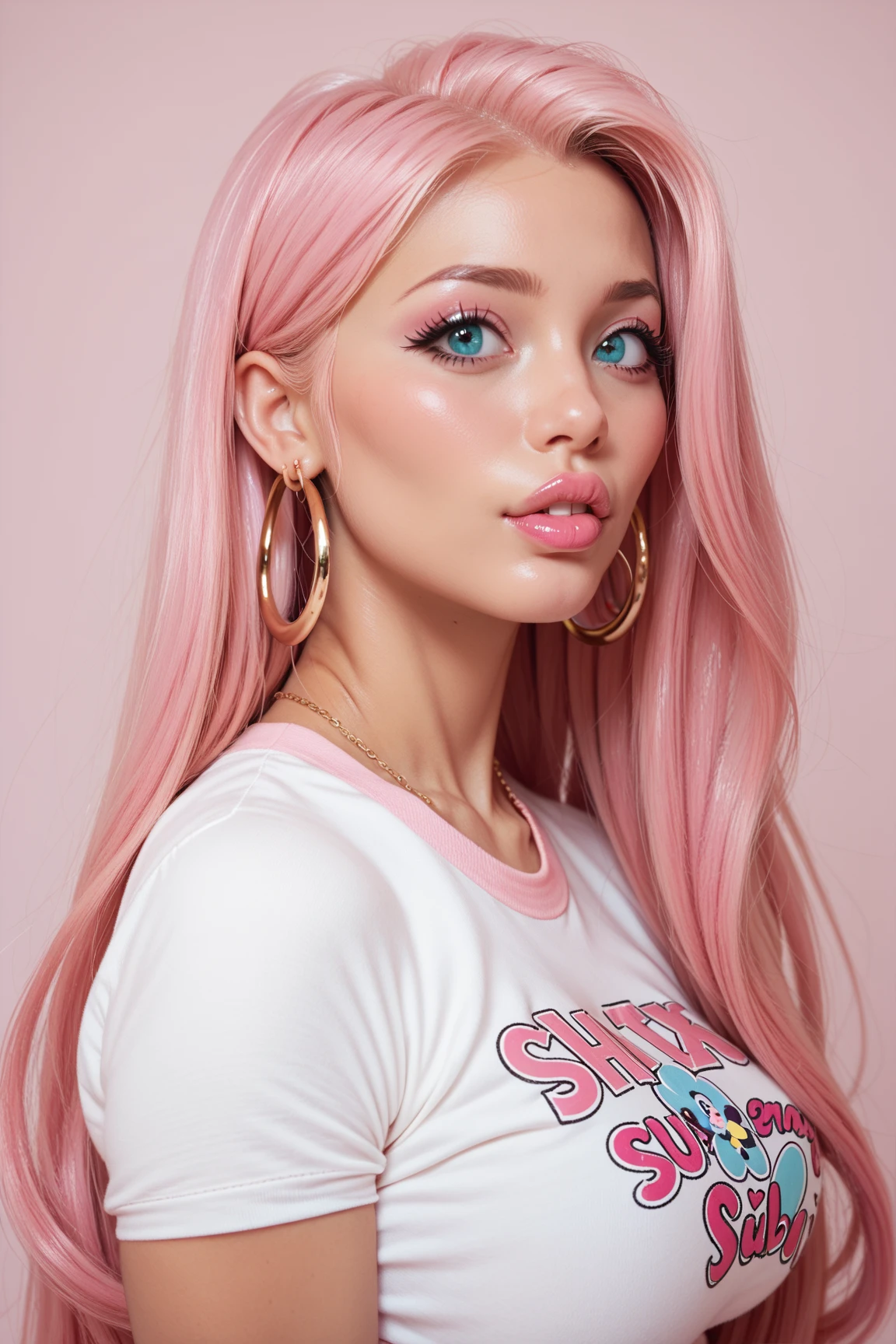 1girl, bellissima, blue eyes, blurry background, jewelry, lips, long hair, looking at viewer, looking to the side, necklace, parted lips, pink hair, realistic, ring, shirt, sleeveless shirt, solo, teeth, upper body