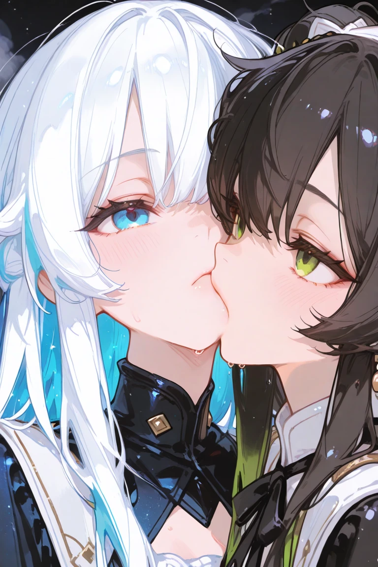 2girls, ecchi, hentai, long green hair, red eyes, white rabbit ears, bunny ears, bunny ears, military uniform, (mature female, milf,) <lora:age_slider_v2:4>, anime screencap, mobile suit gundam, intricate clothes, fighting stance, chromatic aberration, complex scenery, yandere, dynamic facial expression, hardcore, <lora:smirkingeye_v200:1>, horny, lustful, lust, yuri, lesbian, groping, AND kiss, military uniform, white hair, brown eyes, saliva trail,
