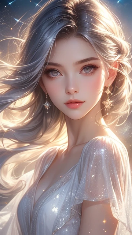 ((masterpiece:1.5、8k、Portraiture、フォトリアリスティックでVery detailedなCG、Very detailed、Particle Effects、Dynamic Effects、Shallow depth of field、Cinematic Light、Lens flare、Ray Tracing、Tabletop、Realistic:1.4、Ultra-high resolution:1.2、Realistic、Realistic))((alone、Off-the-shoulder clothing、Cashmere coat:1.4、Elegant woman posing、look up、Detailed face、bright表情、young, bright, Whiter skin、small breasts、Beautiful cleavage、Best Looks、Ultimate beauty、Shiny silver hair with highlights、bright and shiny hair,、Super long, Silky straight hair、Hair dancing in the wind))(morning、The setting is outdoors in the snow、Surrounded by illuminations)from front