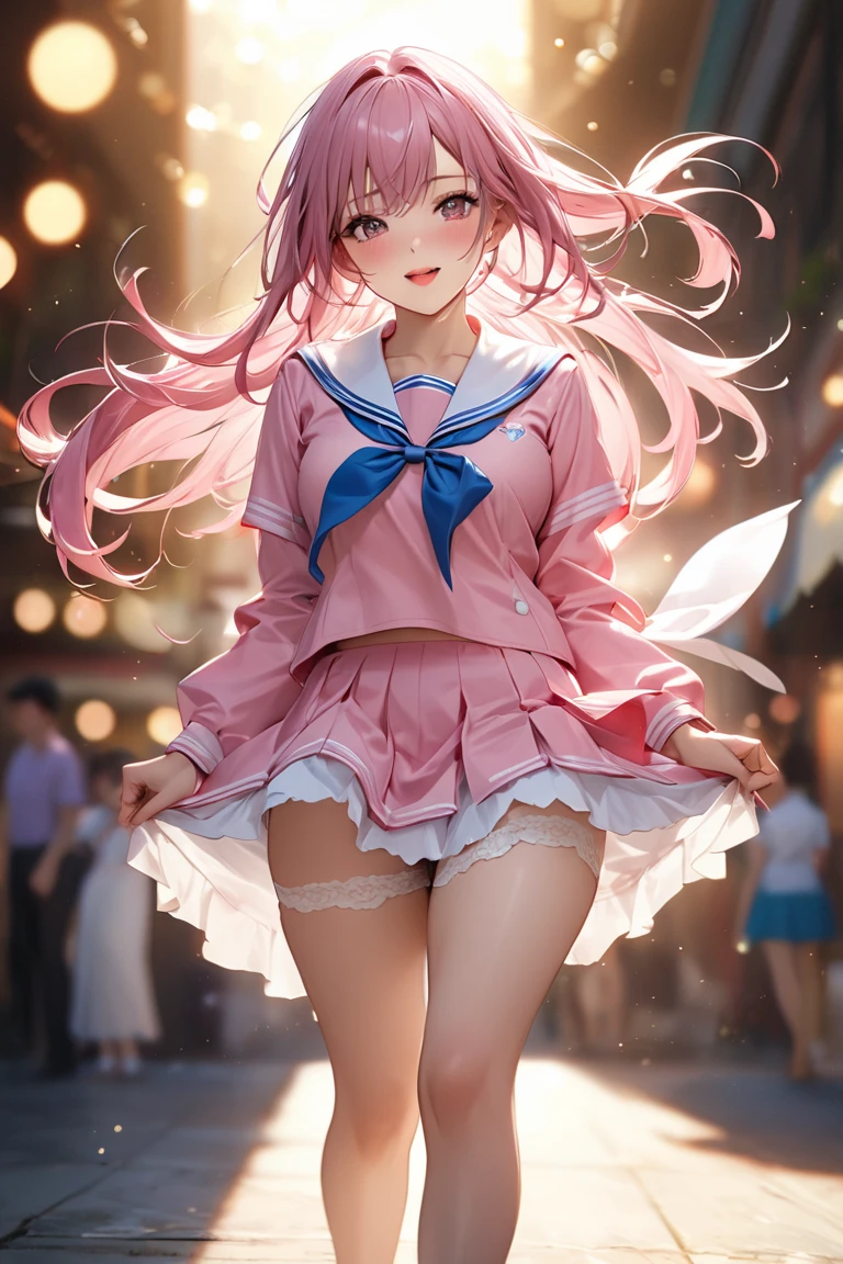 extremely detailed CG unity 8k wallpaper, best quality, ultra-detailed, masterpiece, realistic, photo realistic, extremely detailed cute girl, 20years old, (((skirt lift by myself))), (lifted by self), panties , panties focus, blush, parted lips, looking at viewer , half body shot , (crowd), (crowded parking lot) , hair over one eye