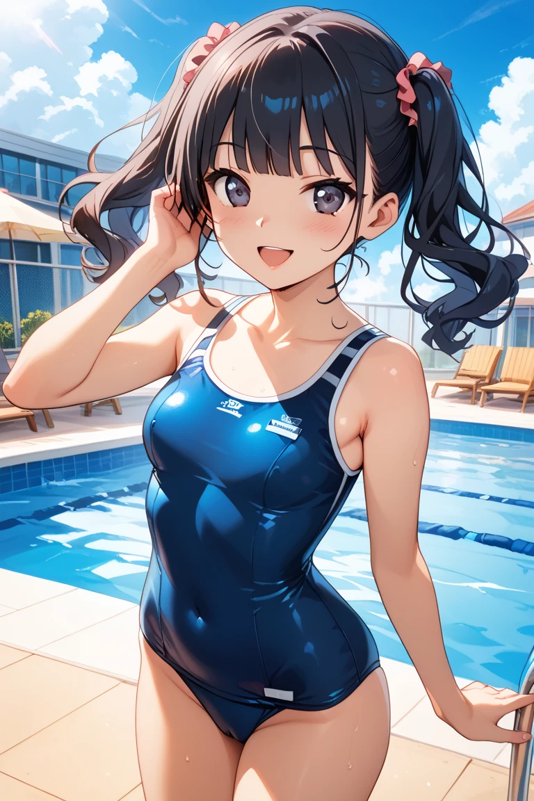 (masterpiece、Highest quality、In 8K、High resolution:1.2)、alone、One Girl、 Fumika Sagisawa、Feeling embarrassed、Look at the viewers、whole body、Transparent competitive swimsuit、Transparent racing swimsuit、Glossy body、Wet body、Daytime、Poolside、Low - Angle