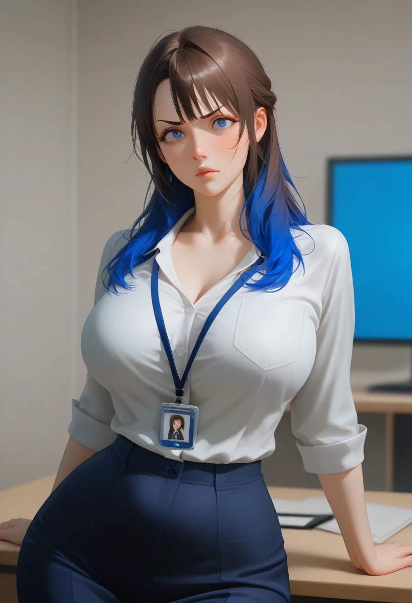 the news show on tv, woman news anchor, drooping eyes, realistic skin, broadcasting her swollen nipples, blouse, jacket, thin rim glasses,