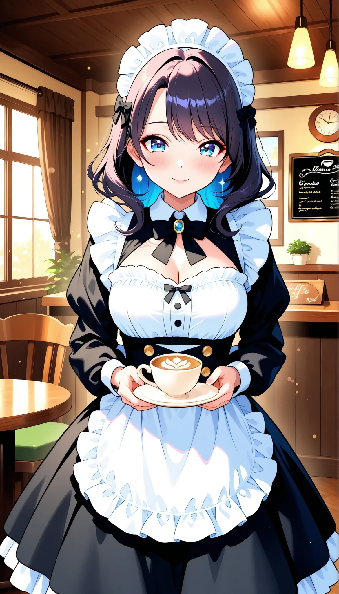 fun maid cafe,  Girl in cute maid clothes,  cafe interior, Glamorous and Dreamy Atmosphere, soft light, Cafe Scenery, Girl's Expression and Posture, Kindness and Curiosity, delicate skin texture and sparkling flare, latte art with letters, cafe menu, 4K high resolution, Beautiful and Smooth Digital Illustrations, soft texture, soft focus, Delicate watercolor painting , Delicate Brushwork and Realistic Textures, professional artwork, Elegant and dreamy, Vivid Colors and Bokeh