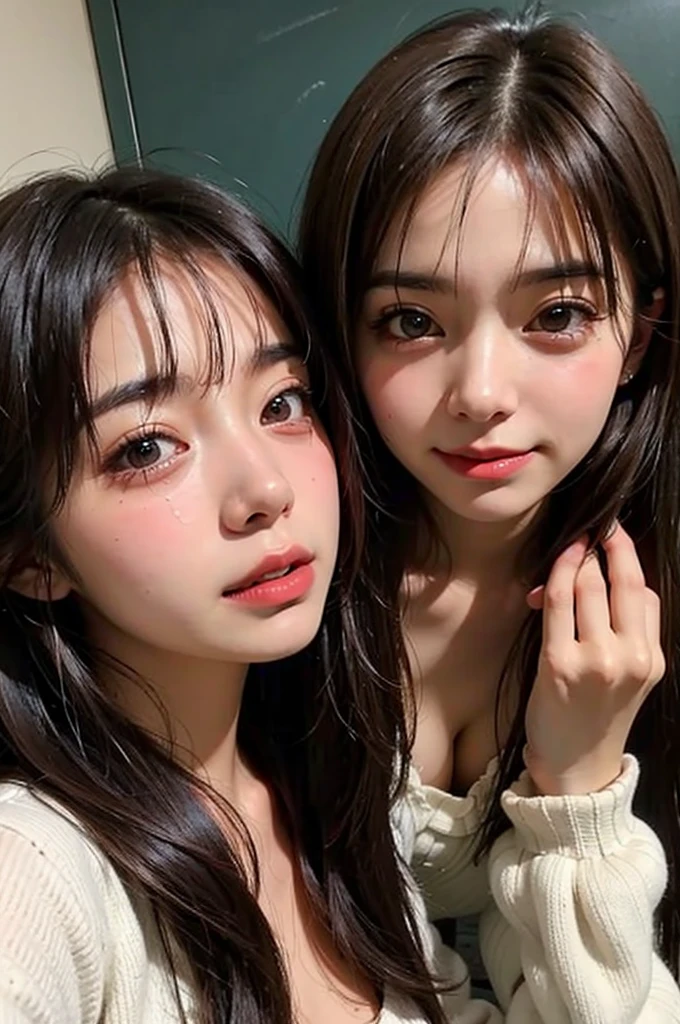 Identical twin sisters taking a selfie, 16 years old, bangs, finely detailed skin、 extremely detailed eyes and face、Detailed beautiful delicate eyes、 jolly、(8k, RAW photo, best quality, masterpiece:1.2), (realistic, photo-realistic:1.4), (extremely detailed 8k wallpaper),