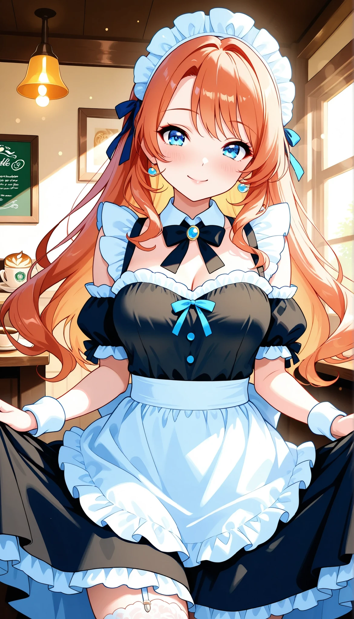 fun maid cafe, Girl in cute maid clothes, cafe interior, Glamorous and Dreamy Atmosphere, soft light, Cafe Scenery, Girl's Expression and Posture, Kindness and Curiosity, delicate skin texture and sparkling flare, latte art with letters, cafe menu, 4K high resolution, Beautiful and Smooth Digital Illustrations, soft texture, soft focus, Delicate watercolor painting , Delicate Brushwork and Realistic Textures, professional artwork, Elegant and dreamy, Vivid Colors and Bokeh