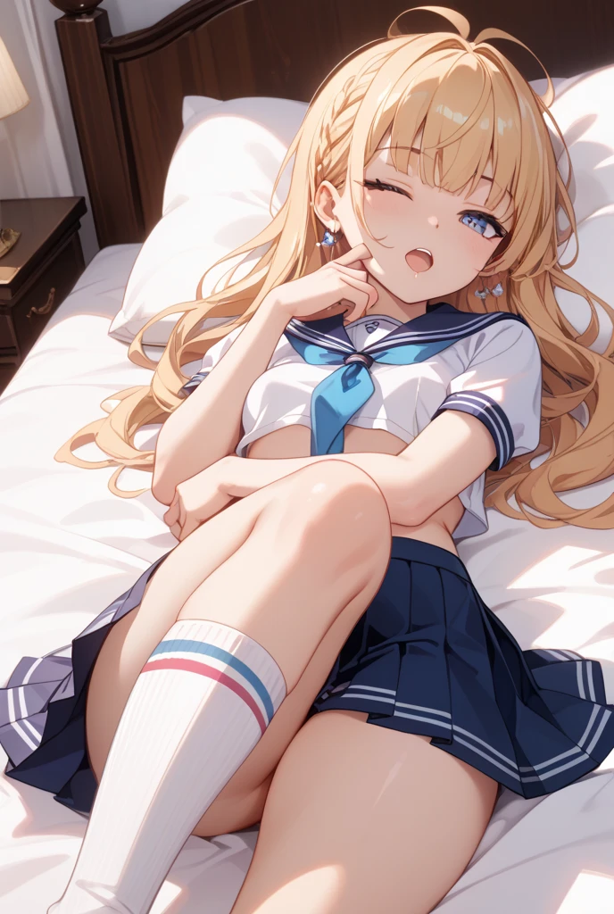 A woman is pushed down on the bed and looks embarrassed, on her back, wearing a sailor suit, breasts visible, skirt pulled up for sex, panties visible, missionary position, erotic face,POV, mouth wide open and screaming, face Blushing, pleasure face.