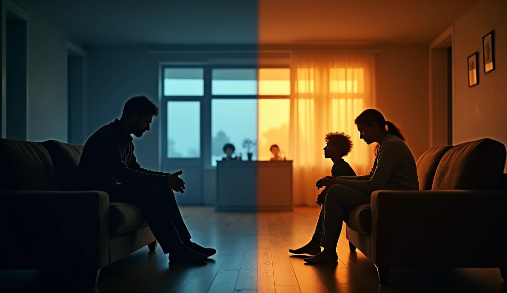 Be，Man and woman sitting back to back at home，Not a word，The atmosphere is very silent，The child could only quietly look at the two of them from the door.，HD real-life shooting