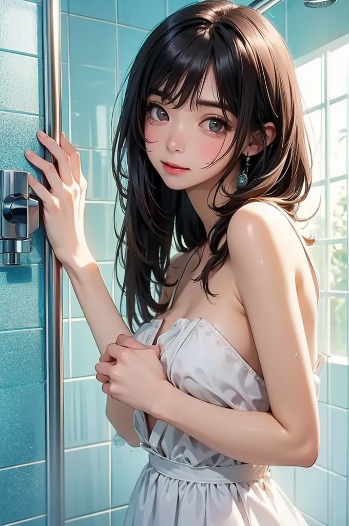 nsfw,(Top Quality, Masterpiece: 1.1), (Real: 1.4), BREAK (((FF7))) (((Tifa))),(solo,1tifa:1.2),Ultra-detailed face, Detailed eyes,((Light Brown Hair, Large breasts: 1.2)), (in the shower), BREAK (((FF7))) (((Tifa))),((love hotel,shower room,glass),(girl wearing sheets:1.5,show off shoulders,sleeping with a sheet on), BREAK (shiny wet skin: 1.4),(wet hair:1.2), about 18 years old, BREAK sensual, BREAK (pink lighting:1.2),pink lighting lamp:1.1,water droplets