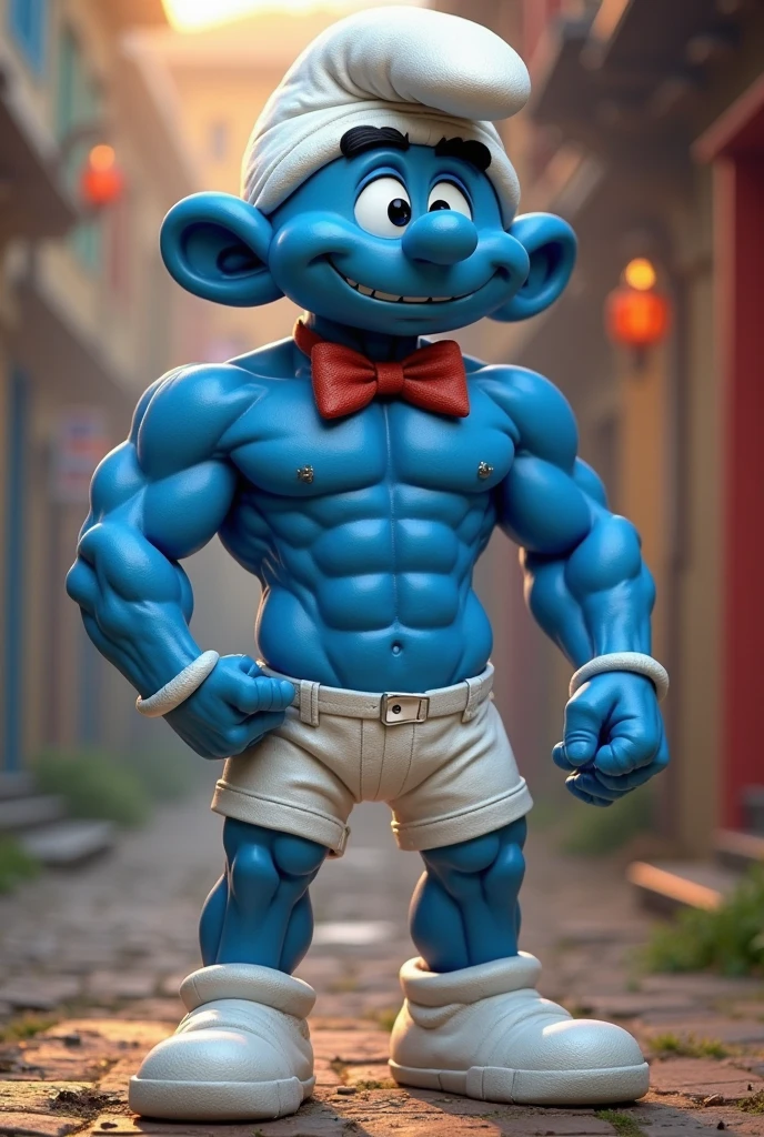 Create a muscled guy with a gym body dressed as a smurf