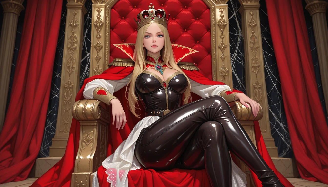 wide angle, Award Winning Glamour portrait of gorgeous adult blonde Princess with a cyberpunk style dress, sitting on a throne with crossed legs looking at viewer, [Ariana Grande], perfect face, hyper-detailed, front lit, goddess, petite, gorgeous body, ((high detailed smooth skin, skin details)), sharp focus, volumetric light, 8k uhd, dslr, high quality