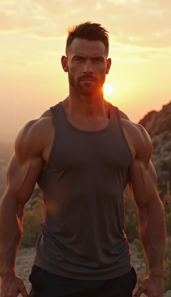 An image of Gym rat at the top of a hiking trail, flexing his muscles with a beautiful sunrise in the background.,original,He looks russian with big musclea. Very ripped. Zero fat.