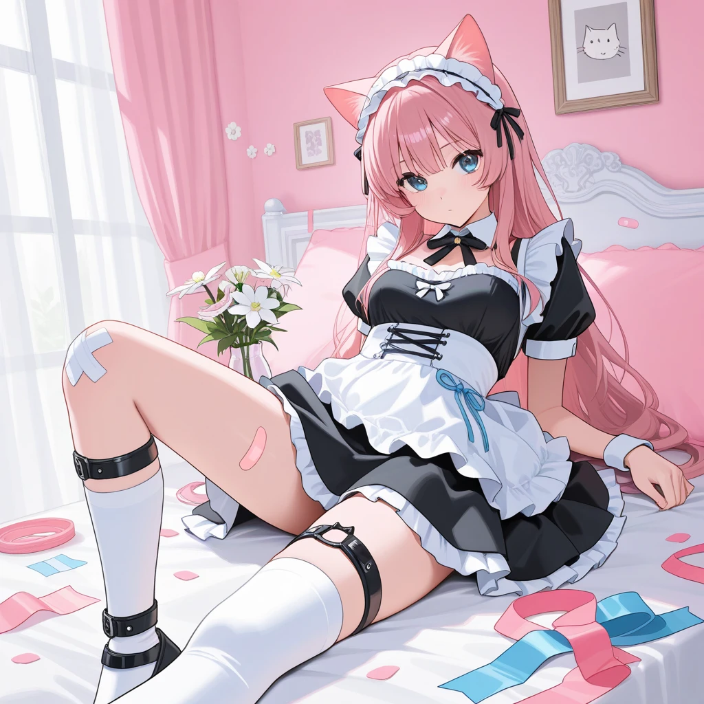 Highest quality, Highest quality, High quality illustrations, masterpiece, Ultra-high resolution, Detailed Background, room, On the bed, Absurd, Perfect Anatomy, performance, Good lighting, Shadows in the movies(kemono, Furry Personifi猫ion), Pink Skin, Rubber suit, Rubber suit, latex, neon, neonライト, neonカラー, Rubber maid outfit, ribbon, Rubber mask, Red harness