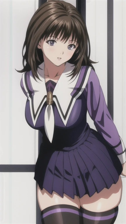 Yoshizuki_Iori, Huge_chest, Are standing, alone, School_uniform_purple_shirt_green_skirt_white_neckerchief_black_Knee socks, masterpiece, Highest quality, Detailed face, Fine grain, High resolution, mini skirt, White panties, Panty shot, pov