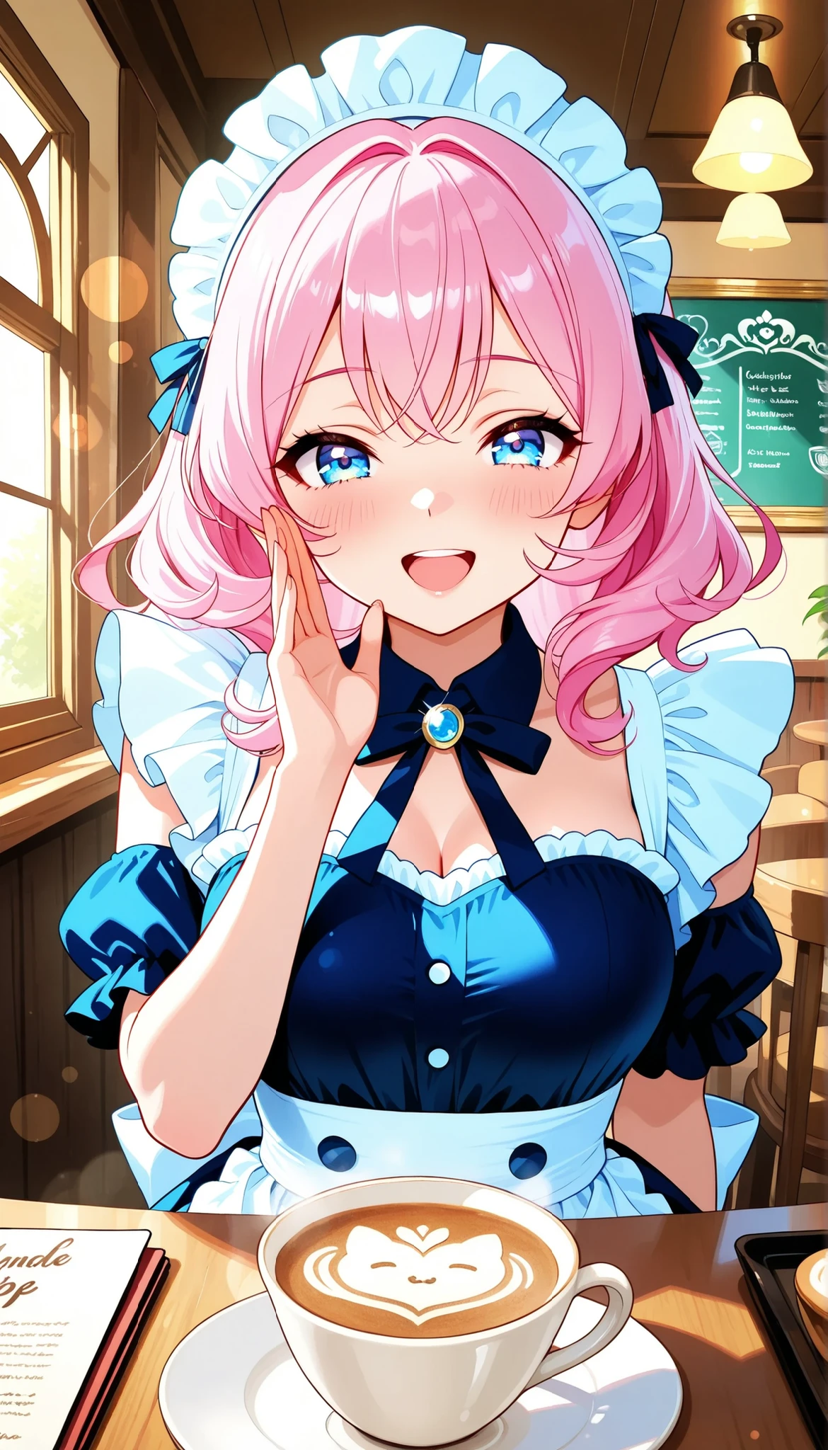 fun maid cafe, Girl in cute maid clothes, cafe interior, laughing with mouth open:1.4 , Glamorous and Dreamy Atmosphere, soft light, Cafe Scenery, Girl's Expression and Posture, Kindness and Curiosity, delicate skin texture and sparkling flare, latte art with letters, cafe menu, 4K high resolution, Beautiful and Smooth Digital Illustrations, soft texture, soft focus, Delicate watercolor painting , Delicate Brushwork and Realistic Textures, professional artwork, Elegant and dreamy, Vivid Colors and Bokeh