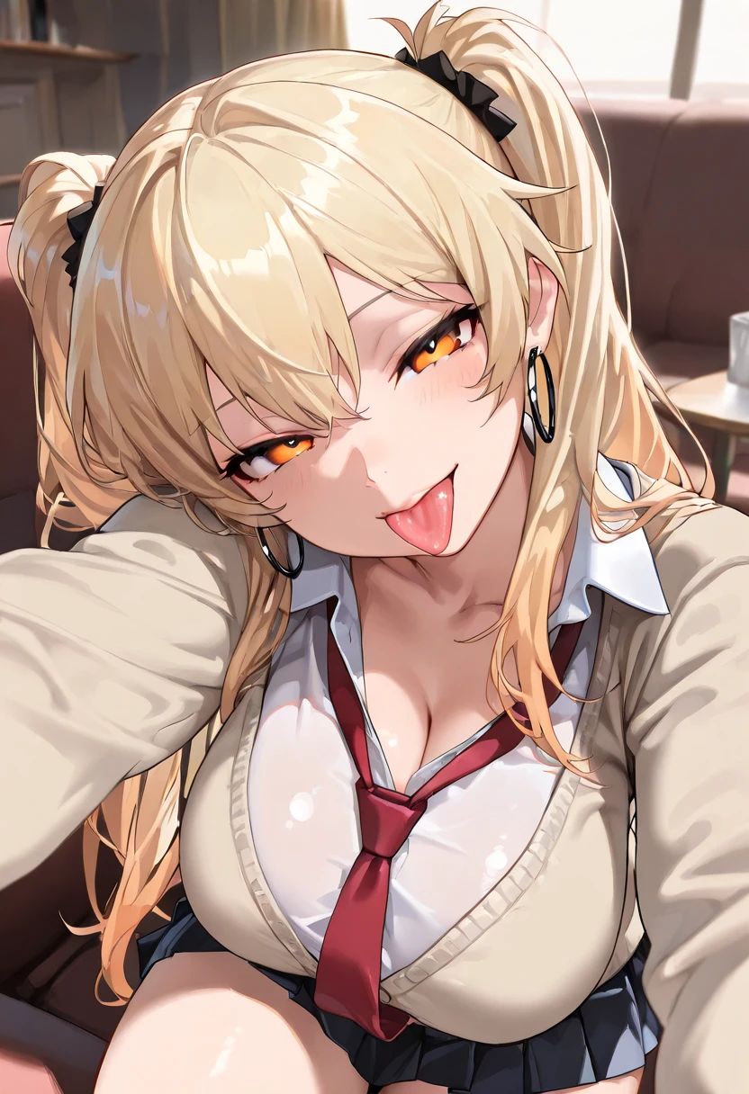 ((highest quality)), ((masterpiece)), (detailed), High resolution、Perfect Face、Detailed Eyes、Depth of written boundary、tongue、Blonde gal、Earrings、Cleavage、Brown skin、(uniform、cardigan)