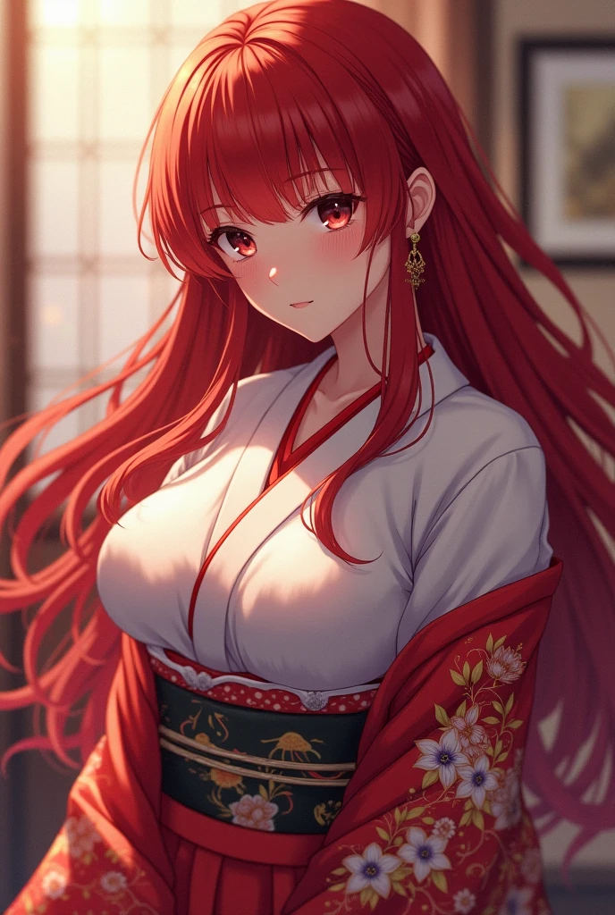 (8K, Best Quality, Masterpiece, Ultra High Resolution) 1 Girl, Beautiful Eyes, Face Details, Long Red Hair, Tied Up Hair, Pink Eyes, Pale Skin, Wearing Red Kimono, Pink Details, Standing Outside, Best Quality, Upper Body, Looking at the Viewer, Facing Viewer, Close Up