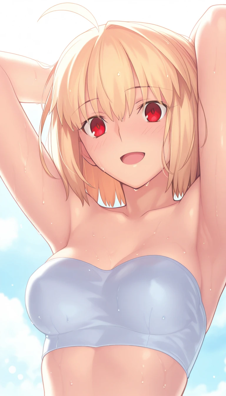 女の子1人、Raise your arms、Underarms、Emphasis on armpits、the sweat、E-cup、large tits、Above the sea、Crystal clear sea、stunning view、blushful、platinum-blonde,Medium hair,red-eyed,Senzoku Nishikiki, ((breasts out)),naked, highres, best quality, 8k,extremely detailed face, perfect lighting, naked, nsfw, vaginal, , (cowgirl position:1.1), breasts out, ahegao, blush, sweat, , juice, tongue out
