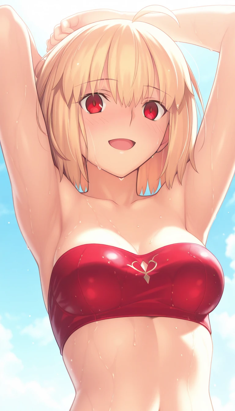 NS-FW(1.3),gorgeous,a cutegirl, anime, best quality, extremely,detailed,masterpiece,cleavage,perm,dark moca hair, Short bob,8K, best quality, ultra detailed, extremely CG illustration, brown eyes,upward glance, (beautiful detailed eyes:1.1), 1girl, shiny hair, happy, shine pupil, cute face, soft smile, smiling, kawaii, strong woman, cleavage, (young,18 years old),(Without bikini),beautiful sea, beautiful sky,from above, looking up,Show your armpits,