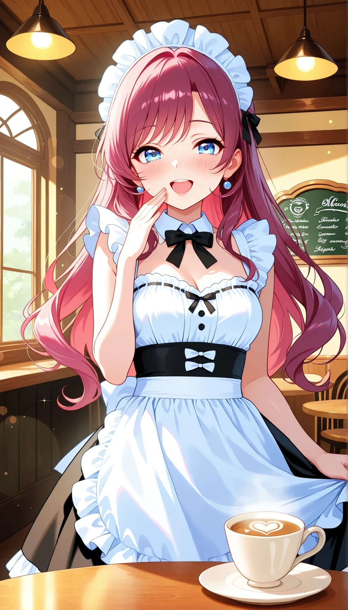fun maid cafe,  Girl in cute maid clothes,  cafe interior, laughing with mouth open:1.4 , Glamorous and Dreamy Atmosphere, soft light, Cafe Scenery, Girl's Expression and Posture, Kindness and Curiosity, delicate skin texture and sparkling flare, latte art with letters, cafe menu, 4K high resolution, Beautiful and Smooth Digital Illustrations, soft texture, soft focus, Delicate watercolor painting , Delicate Brushwork and Realistic Textures, professional artwork, Elegant and dreamy, Vivid Colors and Bokeh